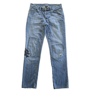 Eddie Bauer Jeans Womens 2 Button Fly Straight Distressed Embroidery Boho Y2K